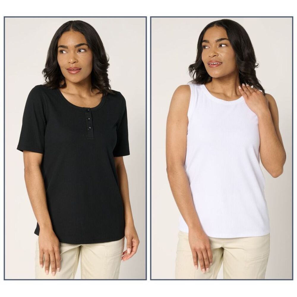 Fashion Women's Top Sz L Rib Henley Tank Multi-colored